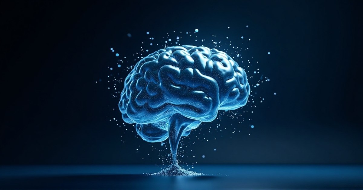 Illustration of a human brain connected to an AI chip with dimming connections.