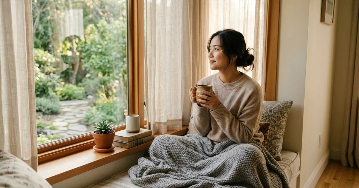 Perempuan muda duduk tenang di dekat jendela dengan secangkir teh, cahaya pagi menerpa lembut. Suasana hening dan damai, menggambarkan istirahat mental tanpa tekanan.