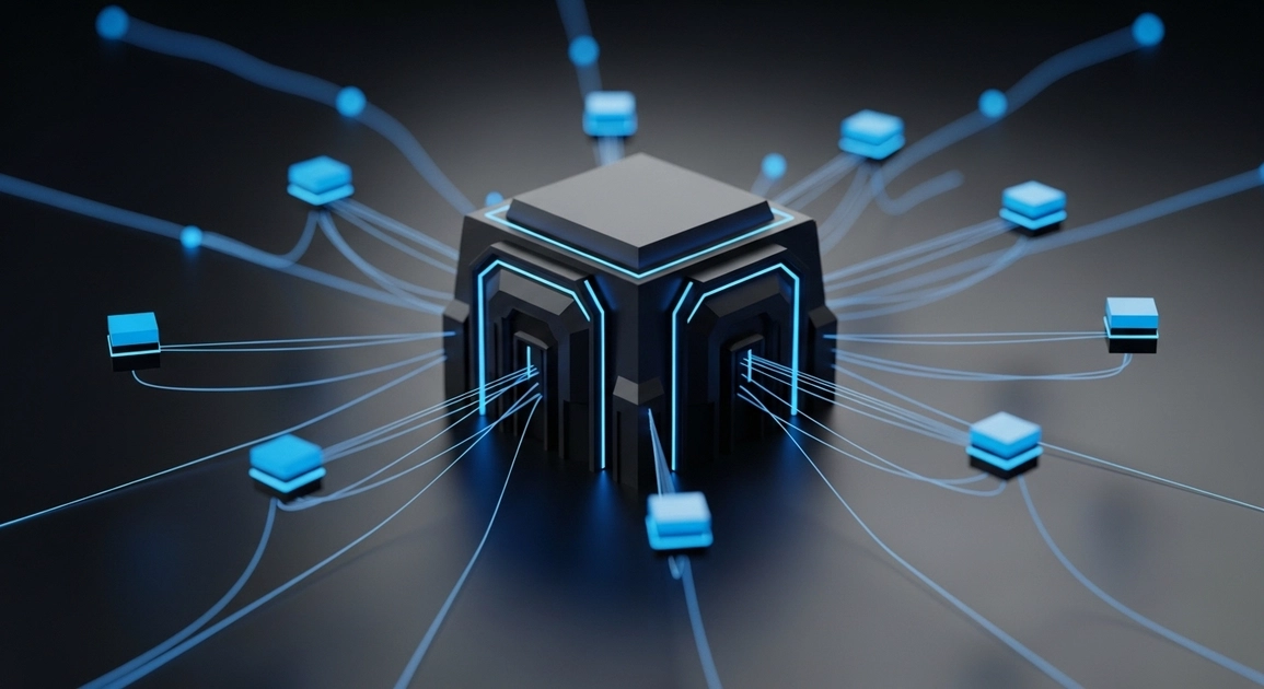 Visualisasi 3D minimalis yang menampilkan pusat distribusi digital atau central hub yang terhubung ke berbagai titik, gaya industrial modern dengan aksen warna biru neon.